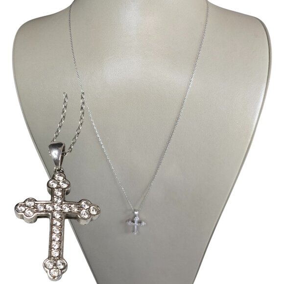 KA1772 Vintage Sterling Silver Cubic Zirconia Cross Pendant Necklace Italy
